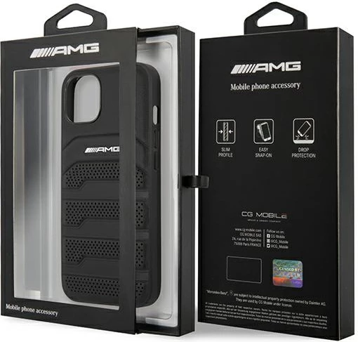 Mbështjellës AMG Mercedes për iPhone 14 Plus 6.7", lëkurë, i zi