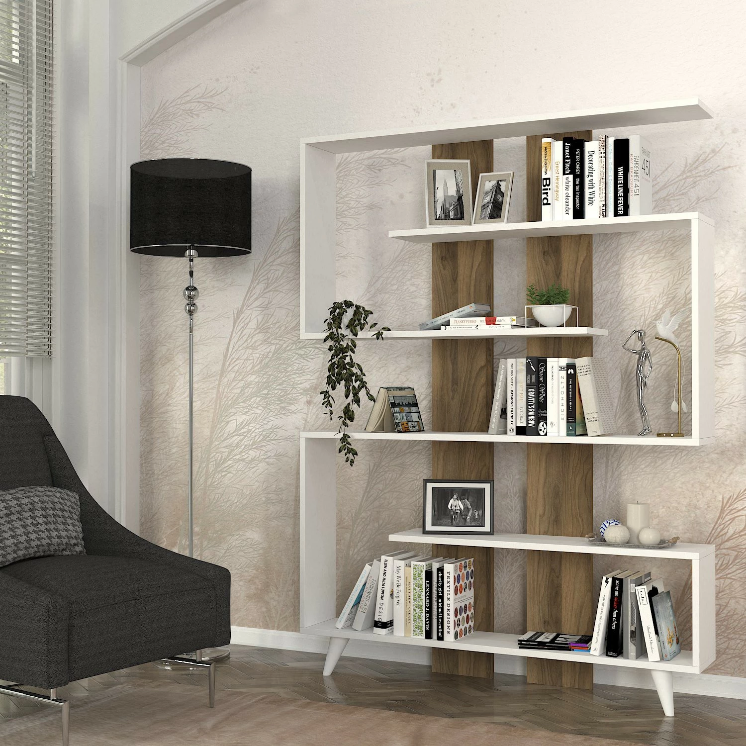 Raft librash Hanah Home, ngjyrë e bardhë dhe arre, Rain