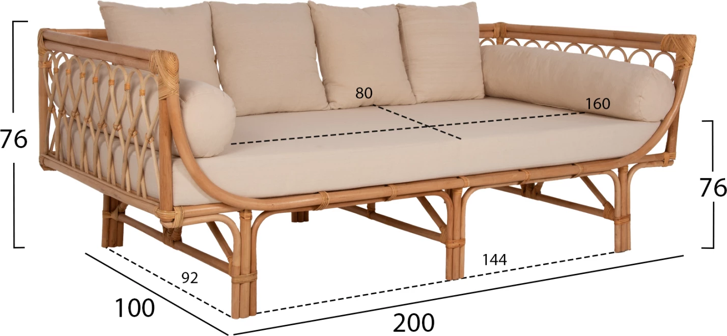 Divan ALIKI FH9658 prej ratanit, jastëkët bezhë, 200x100x86H cm