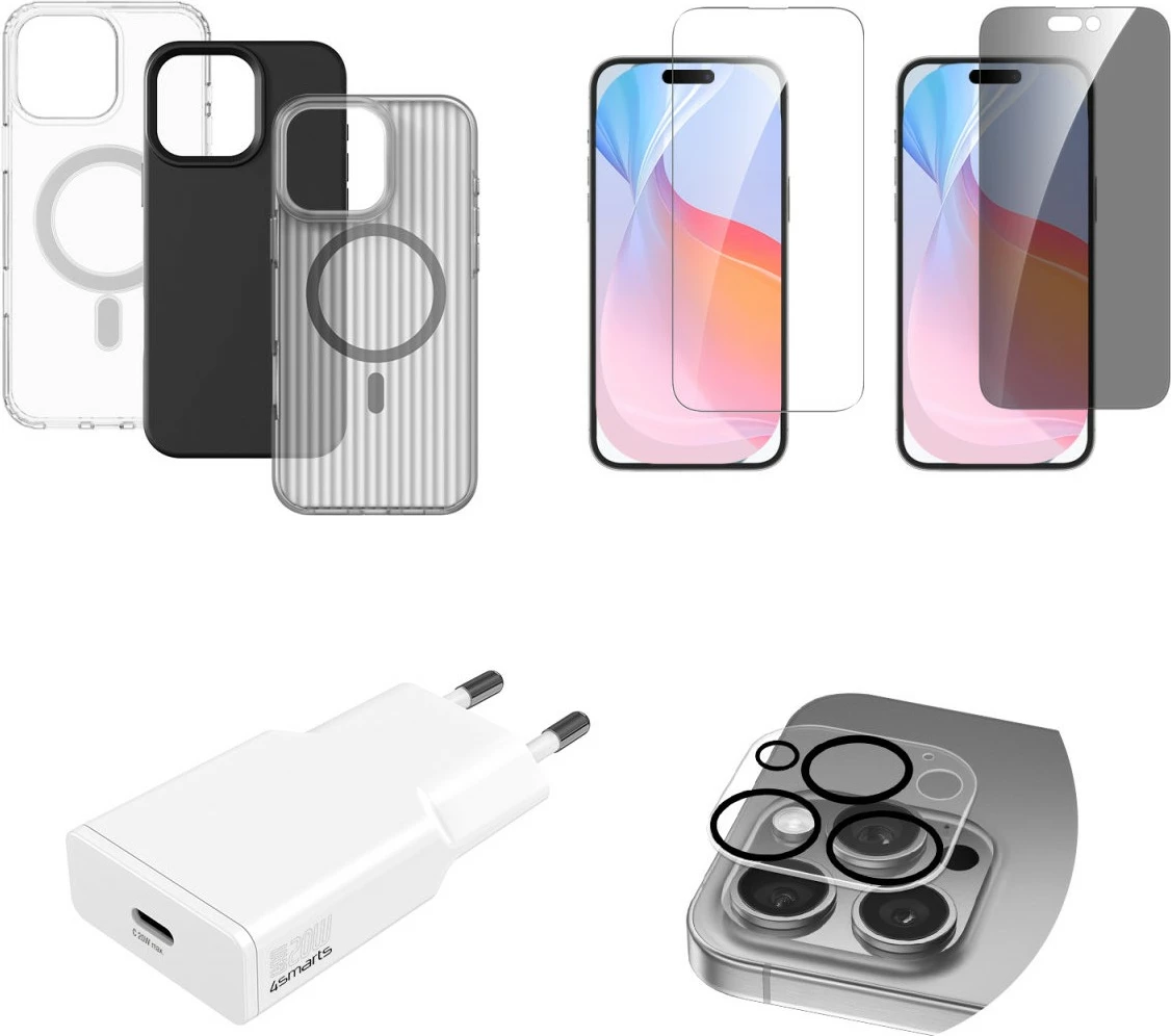 Mbështjellës 4smarts 541190, iPhone 16 Pro, i zi, gri, transparent, bardhë