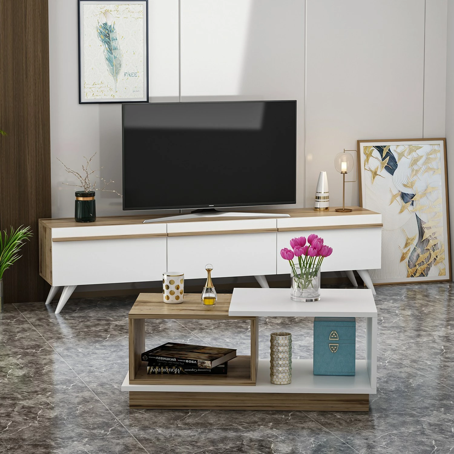Set mobiljesh për dhomë dite Hanah Home, Valentina, e bardhë dhe safir