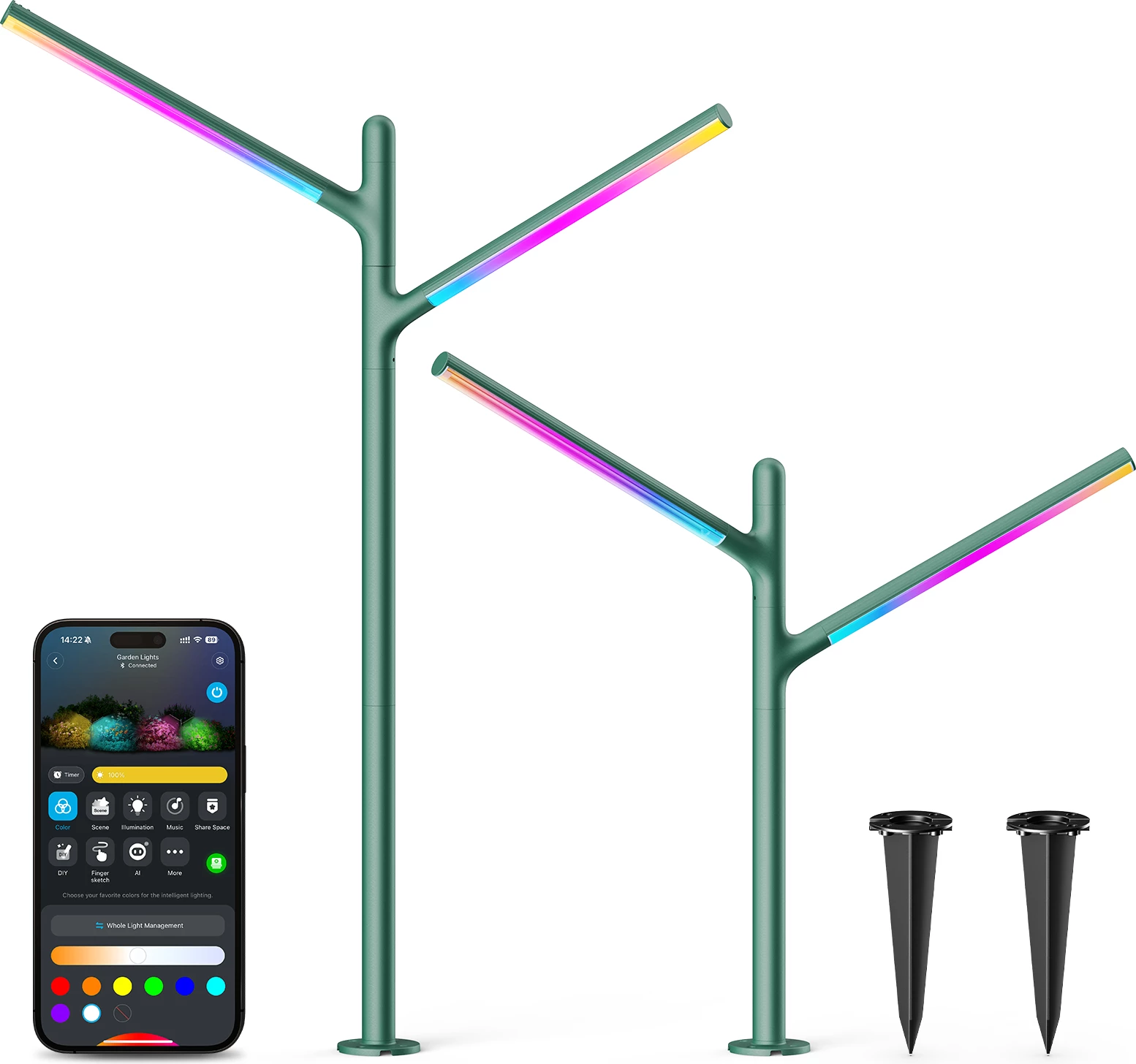 Drita kopshti outdoor Govee Outdoor Garden Lights RGBWWIC 1100 lm, Matter/Alexa/Google, set 2 copë