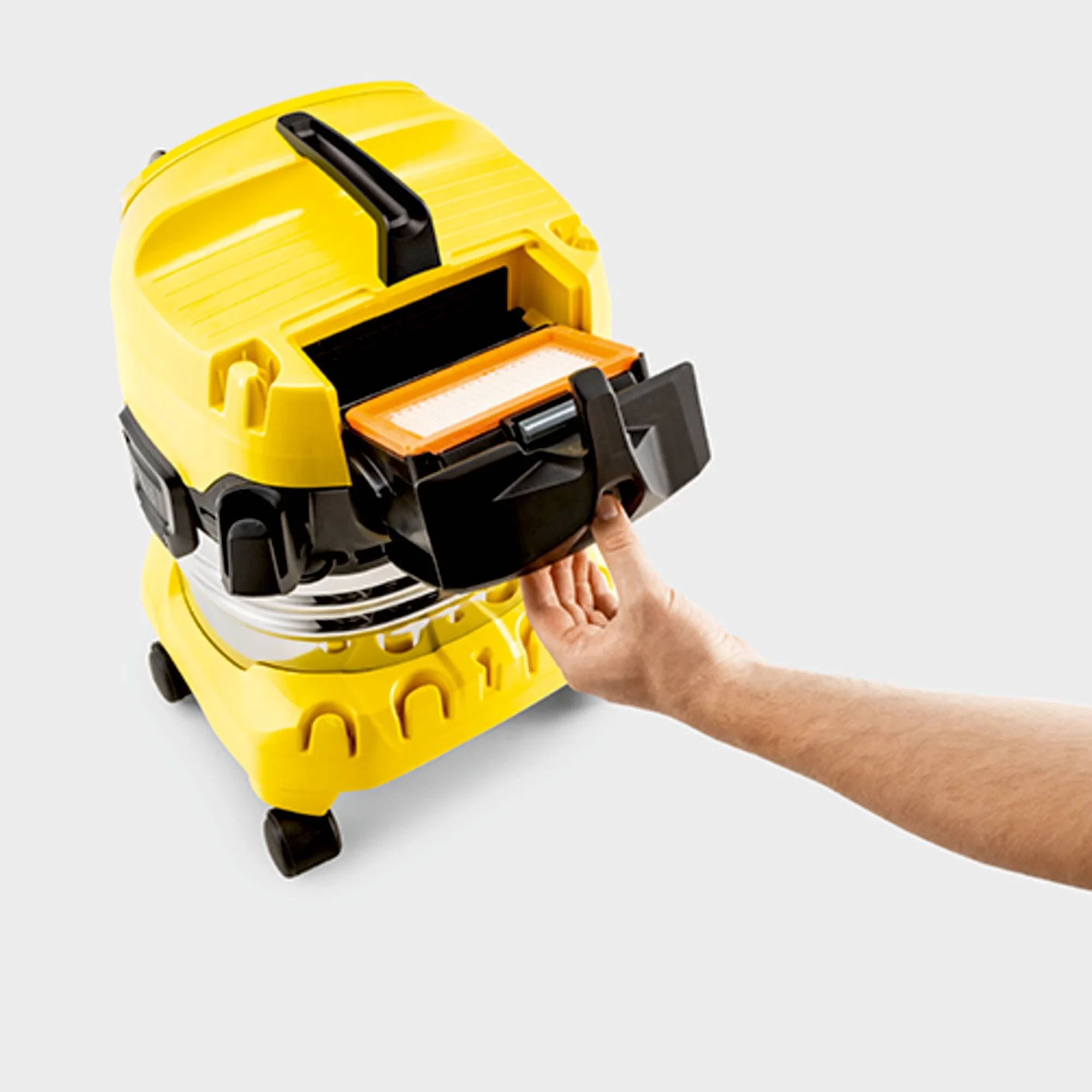 Fshesë me ujë dhe pluhur, Karcher WD 4 S V-20/5/22, 1000 W, depozitë 20 L inox, zorrë 2.2 m, kabllo 5 m, e verdhë/çelik