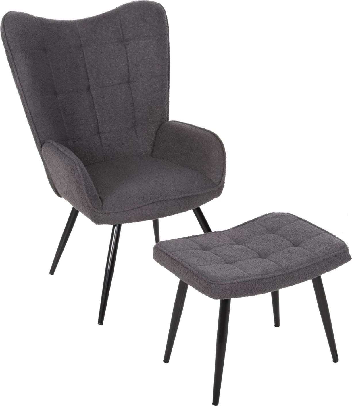 Fotelje CRAWLEY me tabure FH8918.21, pëlhurë boucle gri, këmbë metali të zeza, 70x74x105Hcm