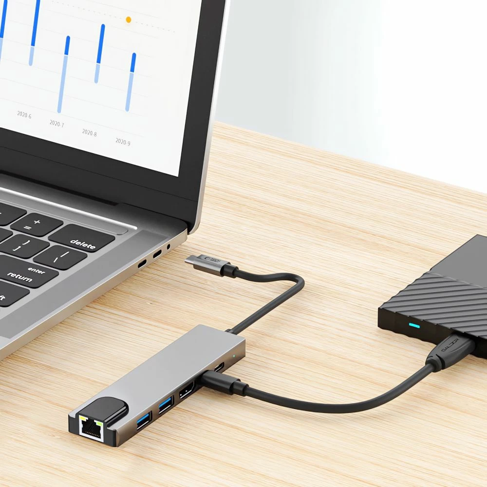 Adapter HUB Tech-Protect HB02 6in1, USB-C, USB 2.0, USB 3.0, HDMI 4K, RJ45, PD 100W, Gri