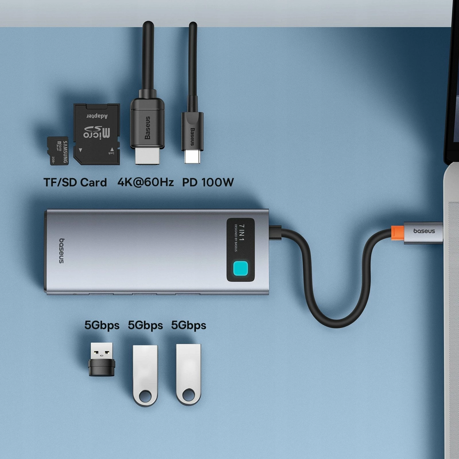 Hub USB-C Baseus Metal Gleam 7n1, HDMI 4K@60Hz, 3x USB 3.0, USB-C PD 100W, SD/microSD, gri