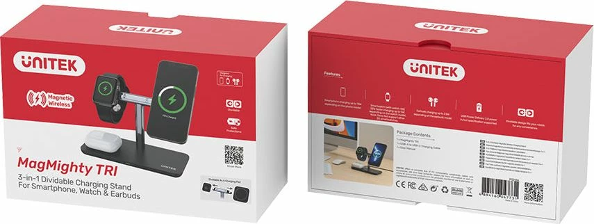 Karikues induktiv 3-në-1 Unitek MagMighty TRI P1212A 22.5W USB-C, i zi