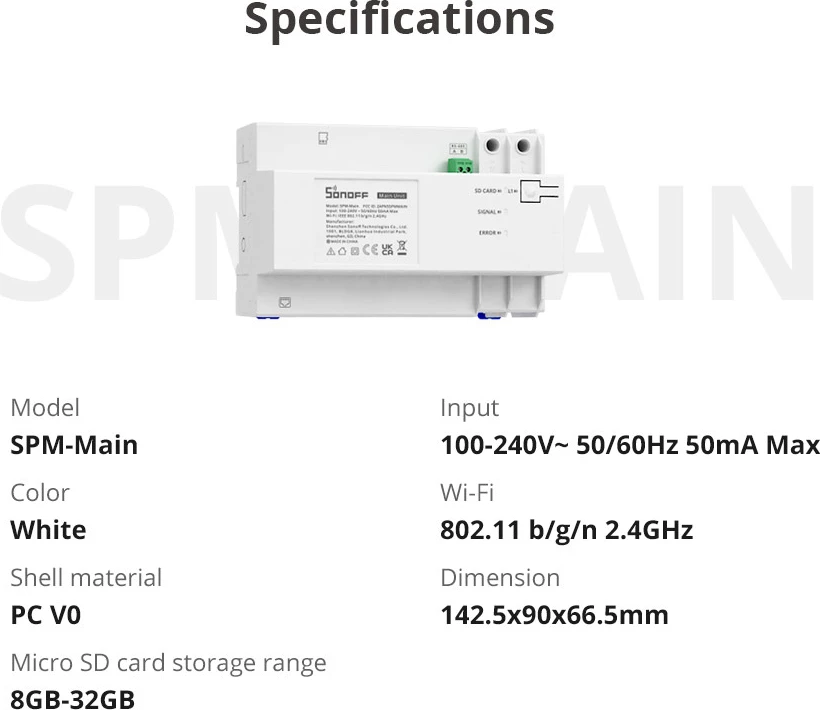 Ndërprerës inteligjent Sonoff SPM-Main, matës i energjisë, Wi-Fi/Ethernet, i bardhë