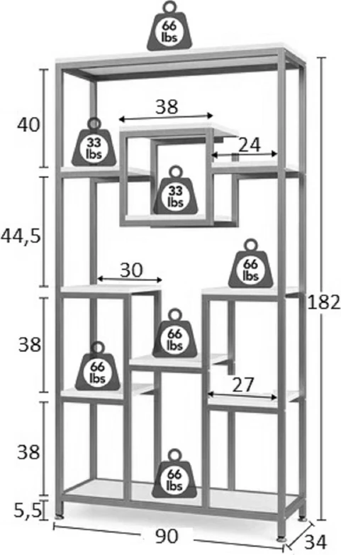 Raft metalik Aduti, ngjyrë ari-bardhë, 90x34x182cm
