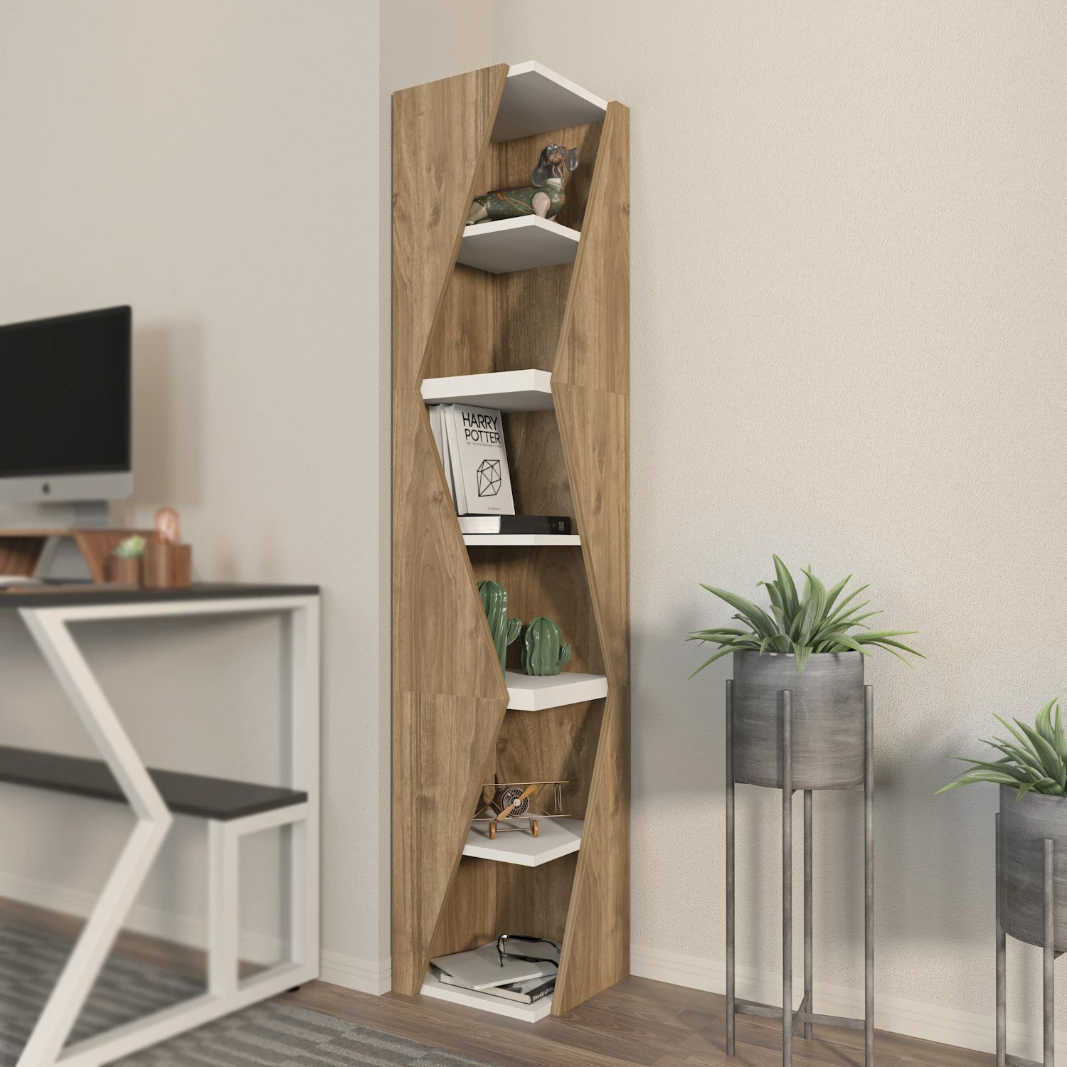 Raft librash Skye Decor, shigjetë, ngjyrë arre dhe e bardhë