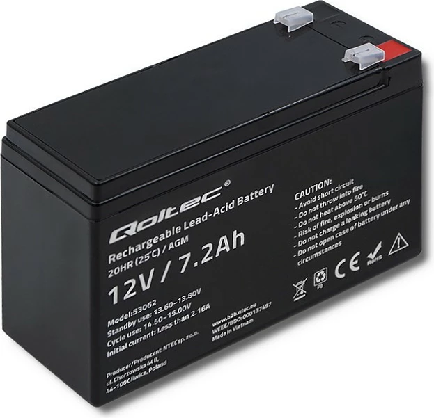 Bateri AGM Qoltec 53062, 12V, 7.2Ah, e zezë