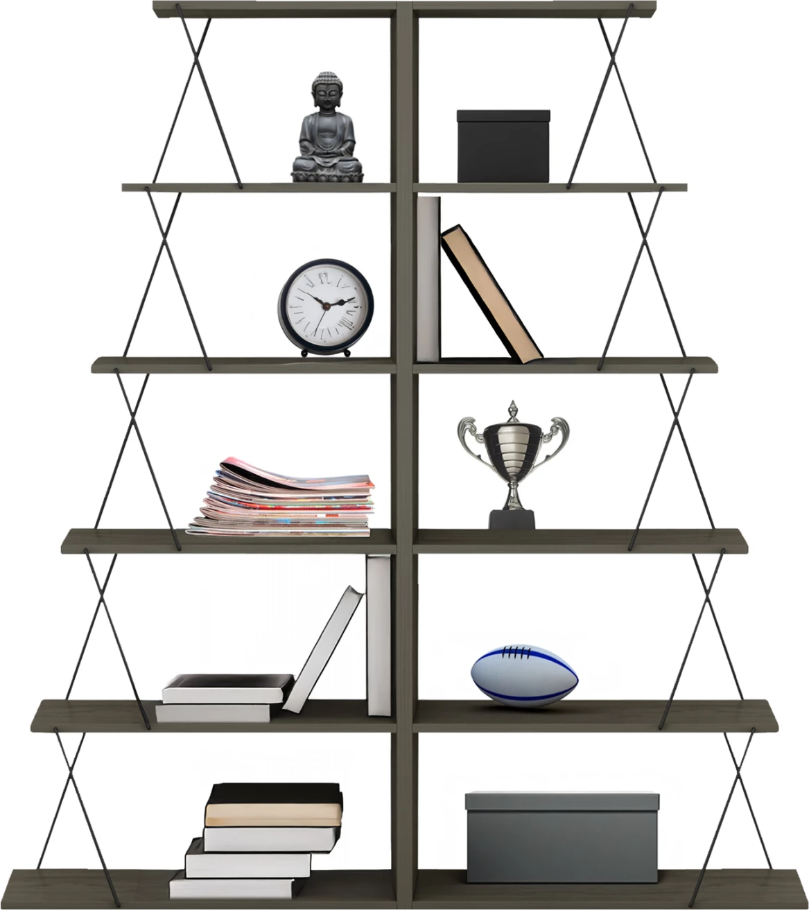 Raft librash 2 copë, MINI TARS, FH11772.13, melaminë, ngjyrë ulliri-gri, shufra metali të zeza, 65x24x146 cm