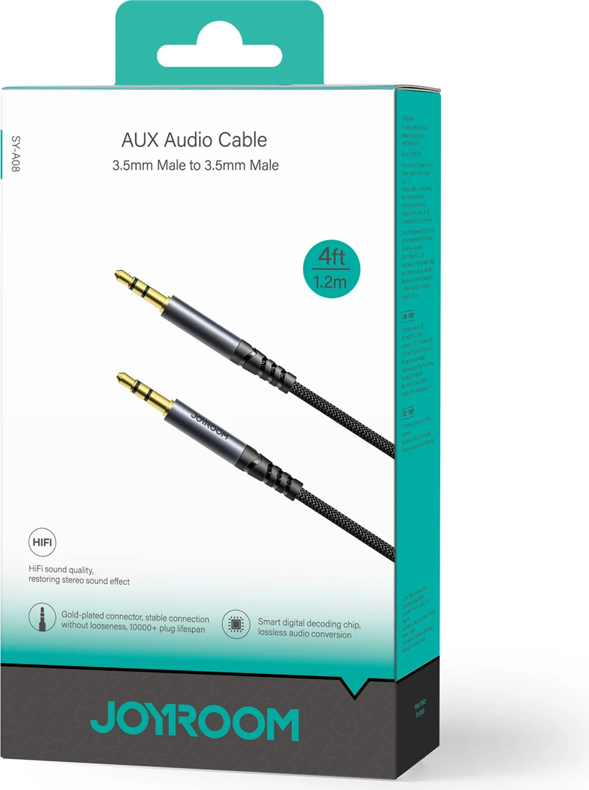 kabëll audio AUX 3.5 mm mashkull‑mashkull, Joyroom, SY-A08, 1.2 m, i zi