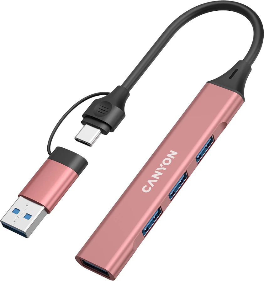 USB hub CANYON DS-02 4në1 USB-C në 4x USB-A (1x USB 3.0 + 3x USB 2.0), kabllo 15 cm, rozë