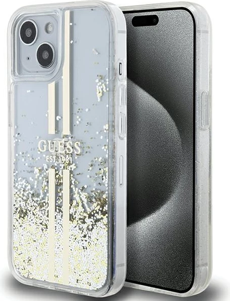 Mbështjellës Guess Liquid Glitter Gold Stripes për iPhone 15 Plus / 14 Plus, Transparent