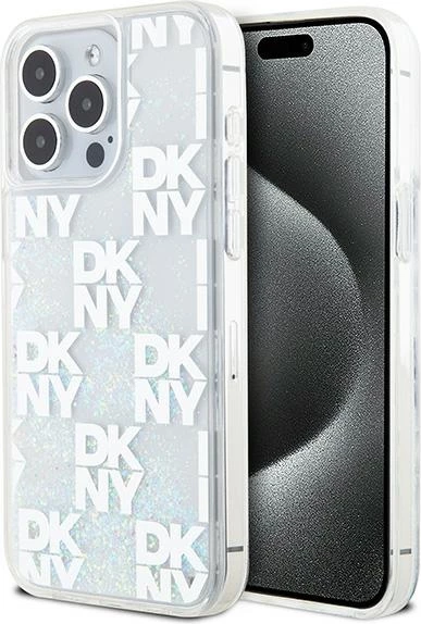 Mbështjellës DKNY Liquid Glitter Multilogo për iPhone 15 Pro Max, Bardhë