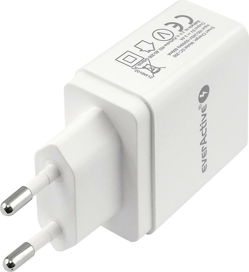 Karikues rrjeti everActive SC-300 me 3x USB, iQ Smart Charging, Bardhë
