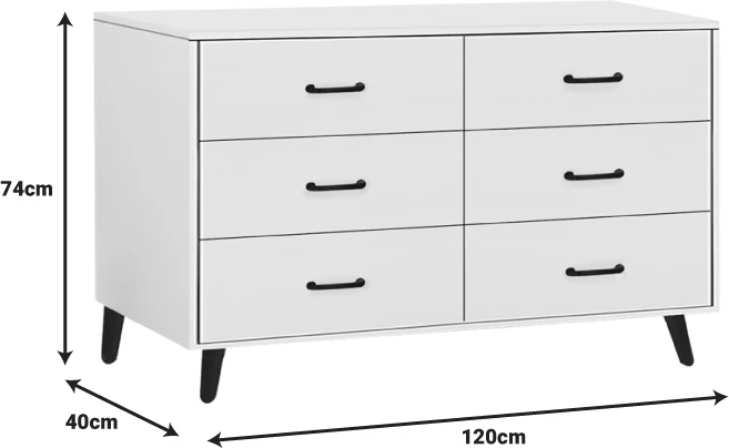Komodinë me sirtarë mdf, ngjyrë e bardhë, këmbë metalike të zeza, 120x40x74cm