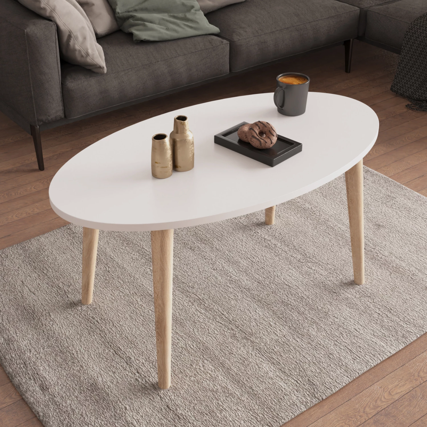 Set tavolinash kafeje e anësore, ngjyrë e bardhë, këmbë druri sonama, VITAL FH18180.01