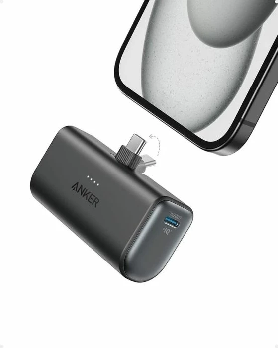 Powerbank Anker Nano 5K A1653H11 5000mAh 22.5W USB-C me konektor të palosshëm, e zezë, set me kabllo USB-C në USB-C 0.6m