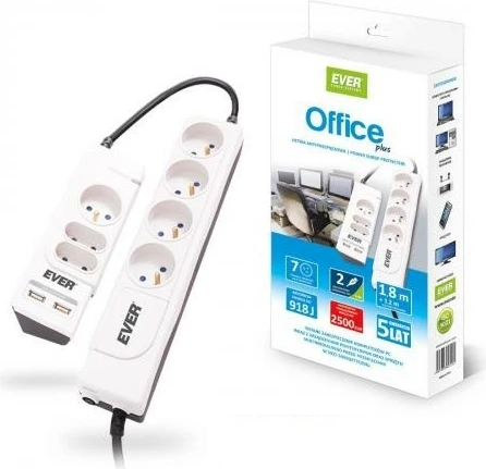 Prizë mbrojtëse EVER Office Plus, 7 dalje, 2x USB, 3m, E bardhë