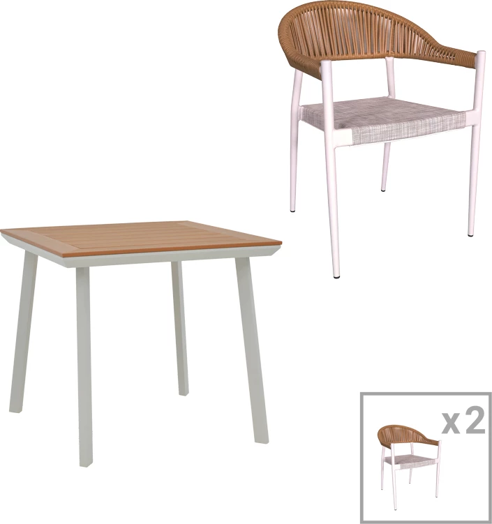 Tavolinë me karrige Synergy-Elation set prej 3 copash, alumin dhe dru i përpunuar, ngjyrë e bardhë dhe natyrale, 80x80x74cm