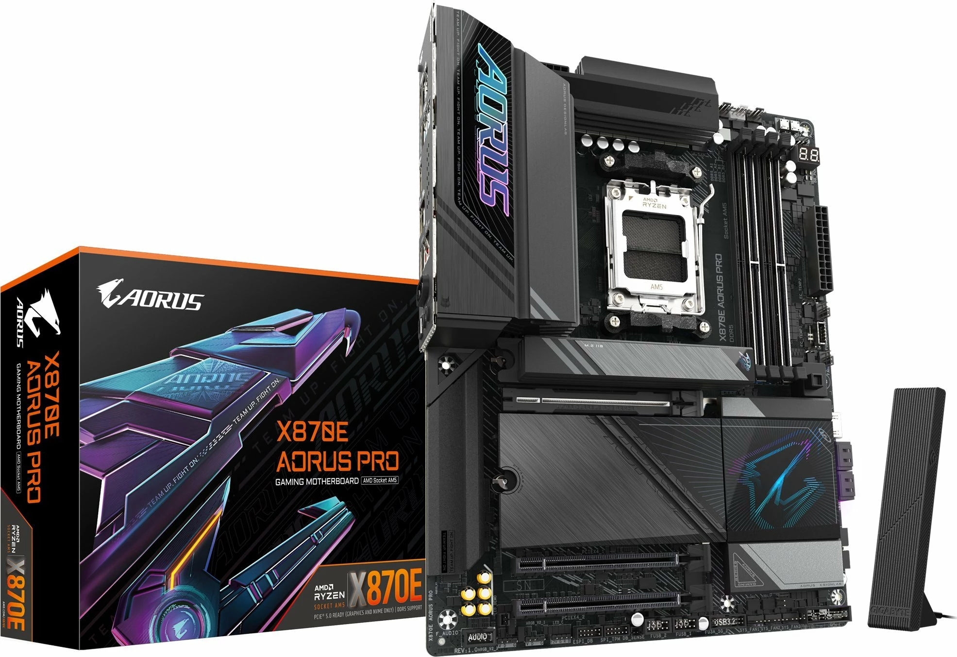 Pllakë amë Gigabyte X870E AORUS PRO, AM5, ATX, DDR5, Wi-Fi 7, USB4, PCIe 5.0, e zezë, me antenë Wi-Fi