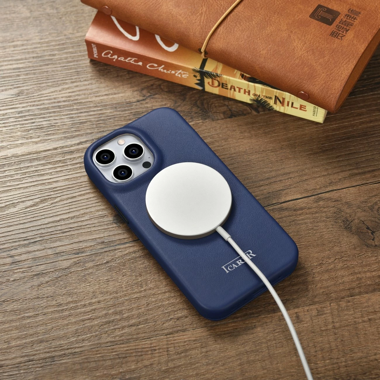 Mbështjellës iCarer CE Premium lëkurë folio për iPhone 14 Pro, MagSafe, Blu