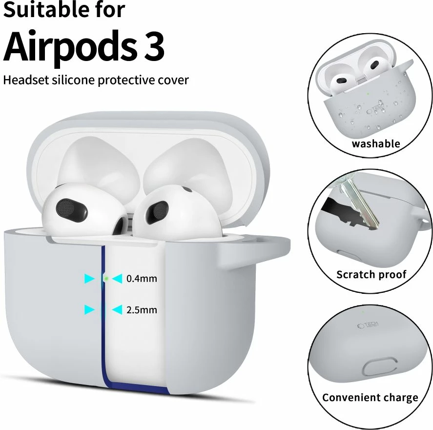 Mbështjellës Tech-Protect për AirPods 3, silikon, me karabiner, Gri