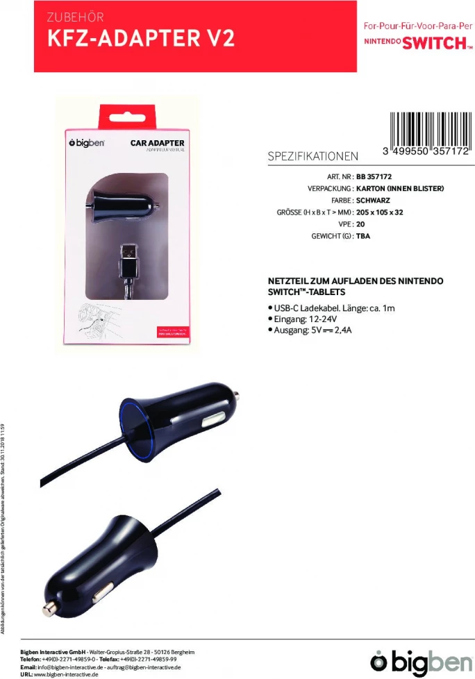 Karikues për veturë Bigben Switch Car Charger për Nintendo Switch, USB-C 1 m, 12-24V/5V 2.4A