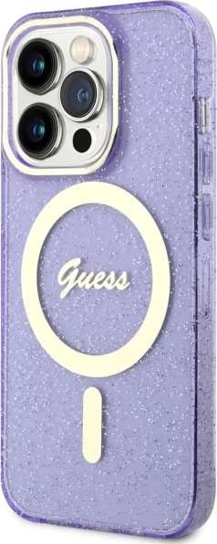 Mbështjellës Guess GUHMP14LHCMCGU për iPhone 14 Pro 6.1", Glitter Gold MagSafe, vjollcë