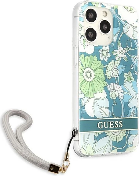 Mbështjellës Guess Flower Strap për iPhone 13 Pro Max 6.7", i gjelbër me lule dhe rrip dore