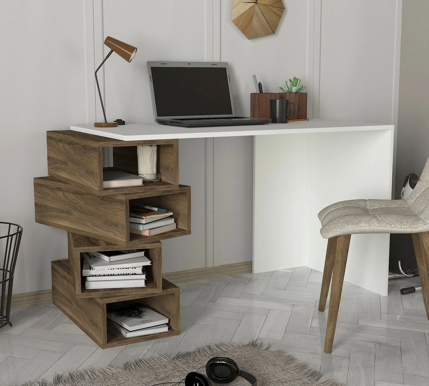Tavolinë studimi Hanah Home, Jenga, e bardhë dhe arrë
