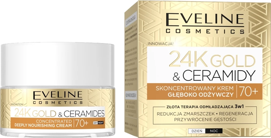 Krem fytyre ushqyes Eveline Cosmetics 24K Gold & Ceramides 70+ për femra, 50ml