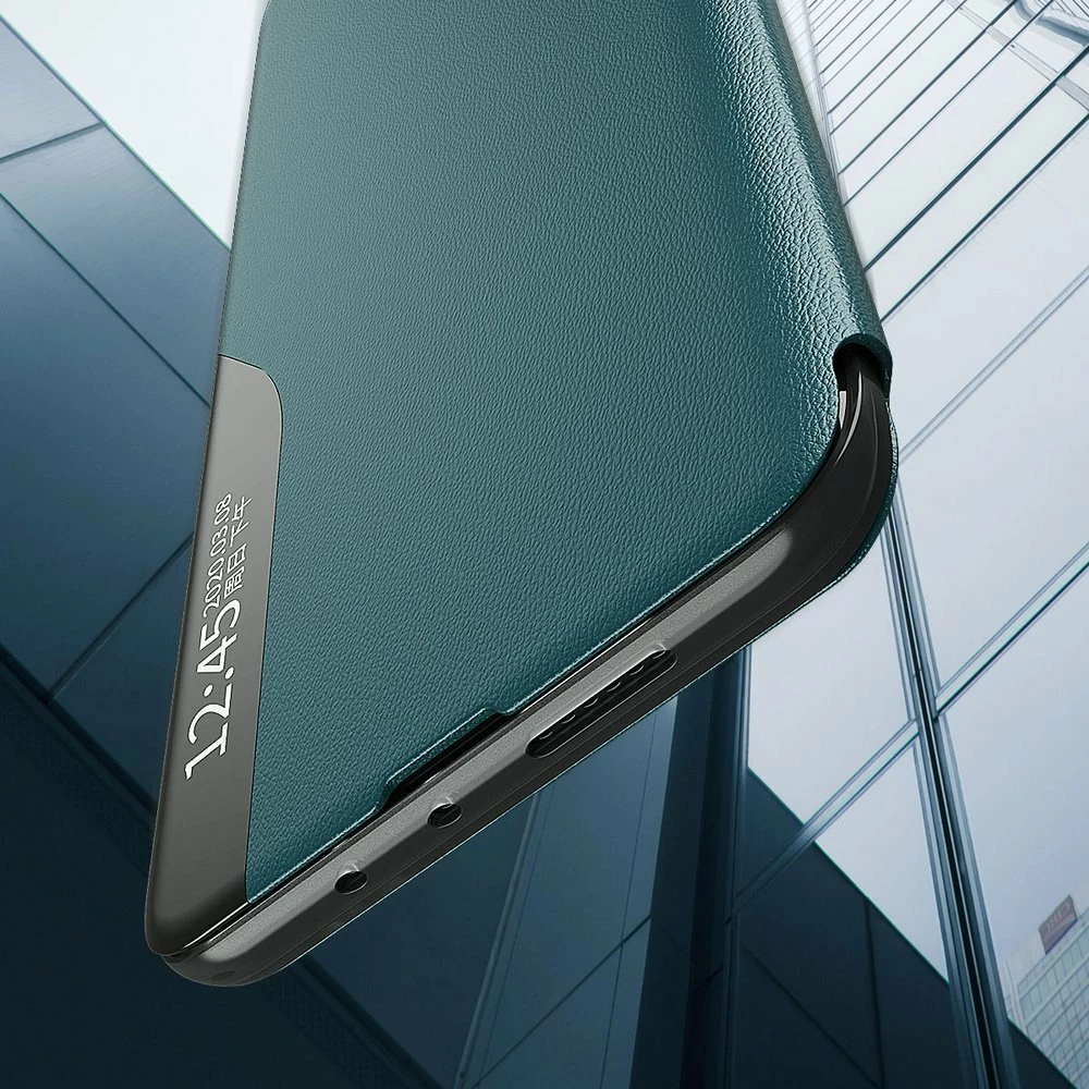 Mbështjellës Hurtel Eco Leather View Case për Samsung Galaxy A02s EU, me kapak dhe qëndrim, i zi