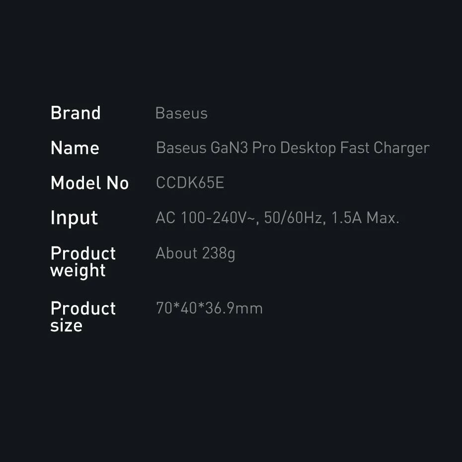 Karikues Baseus GaN3 Pro CCDK65E 65W 2x USB-C 2x USB-A me kabllo USB-C në USB-C 1m, i zi (CCGP040101)