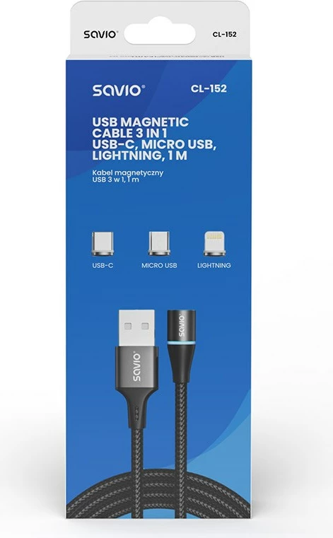 Kabllo USB SAVIO CL-152, 1m, USB 2.0, USB C/Micro USB/Lightning, e zezë