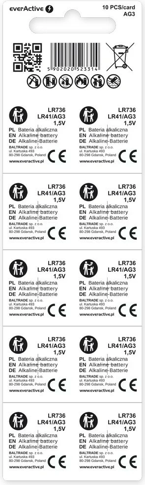 Bateri mini alkaline everActive AG3 LR41 LR736, 1.5V, 10 copë