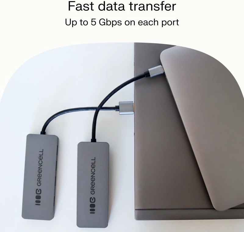 Hub USB-A, Green Cell HUB-GC-A4A, 4x USB 3.0 deri 5 Gb/s, kabëll i integruar 15 cm, kasë alumini, argjend/zi