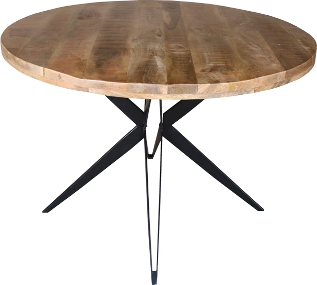 Tavolinë e rrumbullakët Bocco dru mango natyral 3cm me këmbë metalike të zeza D120x77cm