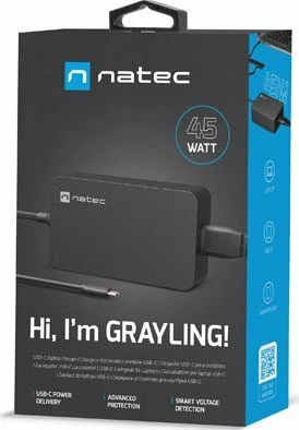 Adapter rryme për laptop Natec Grayling NZU-2033 45 W USB-C Power Delivery 20 V 3 A, i zi