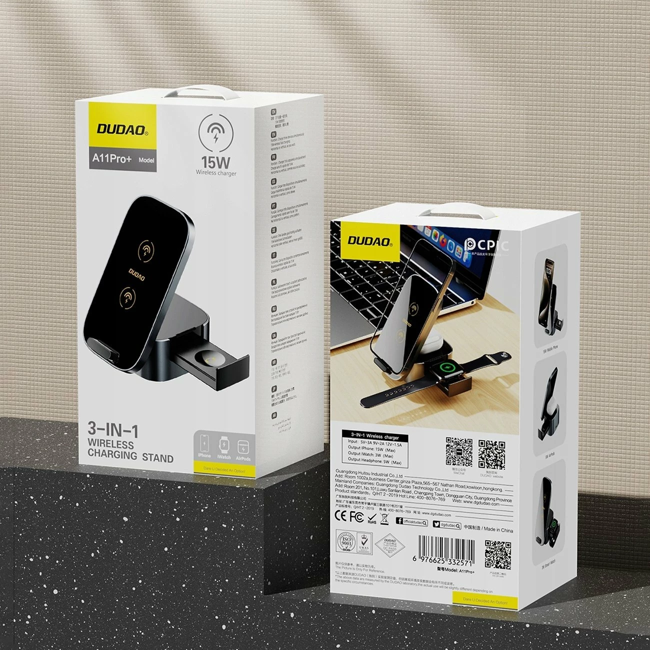 Karikues induktiv 3-në-1 Dudao A11Pro+ 15W, USB-C, i zi, pa kabllo