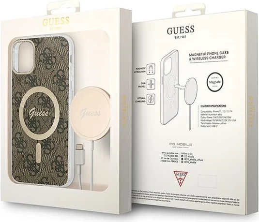 Mbështjellës Guess GUBPN61H4EACSW me karikues wireless për iPhone 11, 6.1", 4G Print, kafe, set
