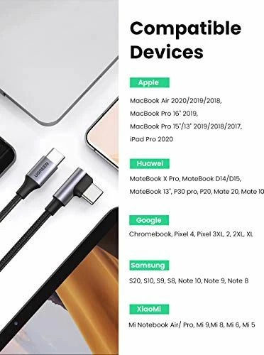 Kabllo USB-C në USB-C Ugreen 70643, 1m, 100W PD, USB 2.0, konektor 90°, e zezë