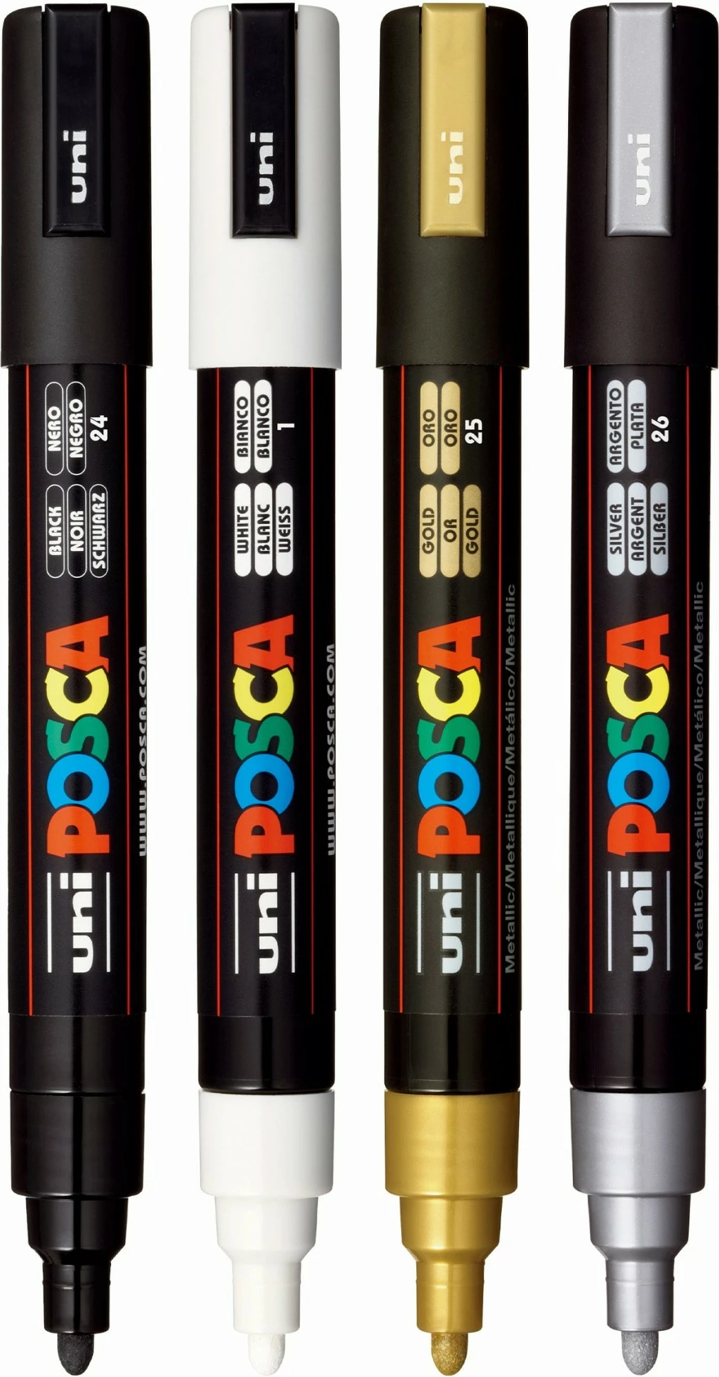 Set markerash Posca PC-5M, 4 ngjyra, bojë uji, majë mesatare, multikolor