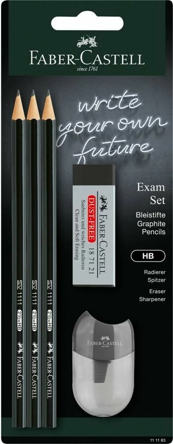 Set lapsa grafiti FABER-CASTELL 1111 Exam Set, 3 copë, me gomë dhe mprehëse, e zezë