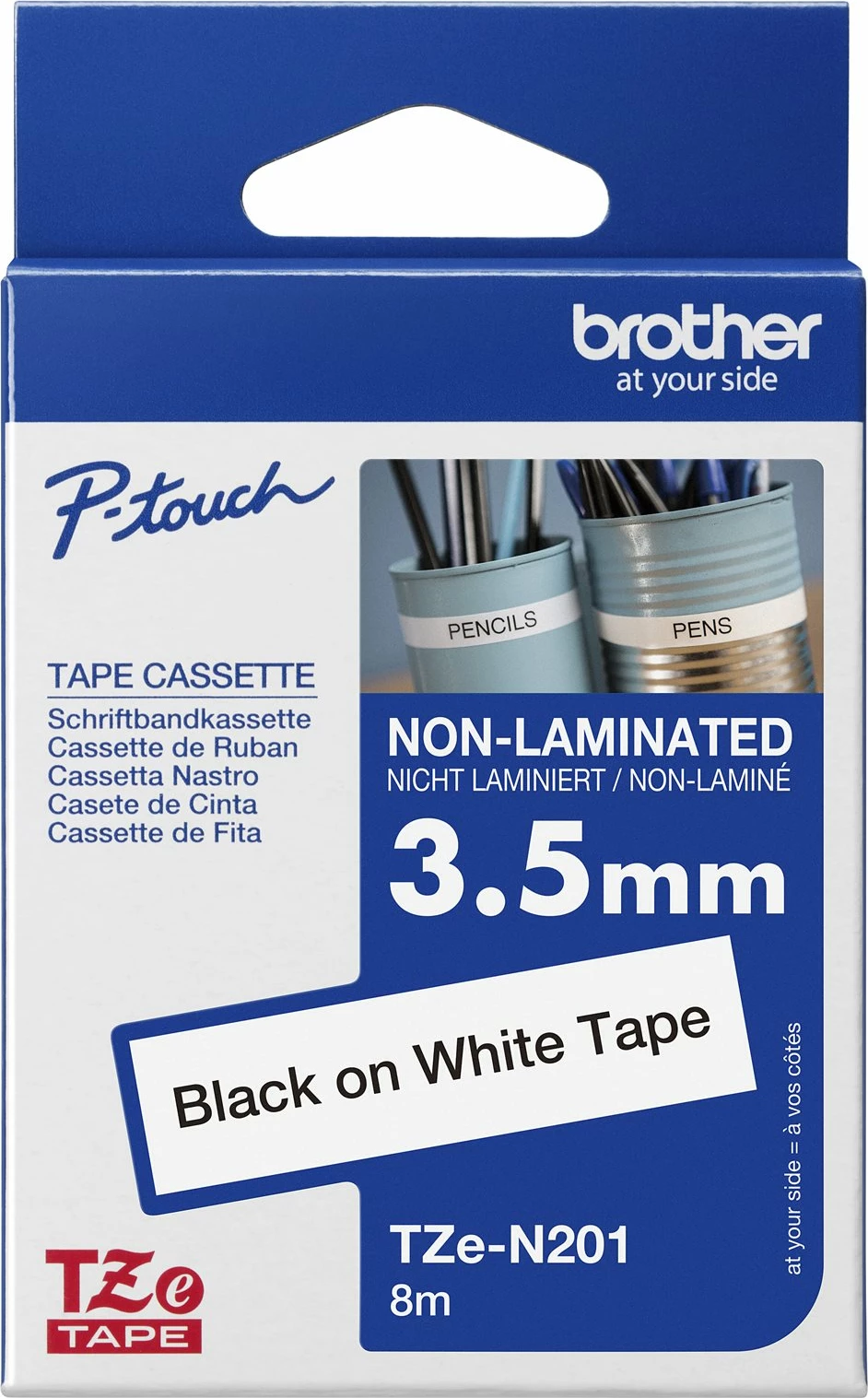 Kasetë etiketuese Brother TZe-N201, 3.5mm, tekst i zi në të bardhë, 8m