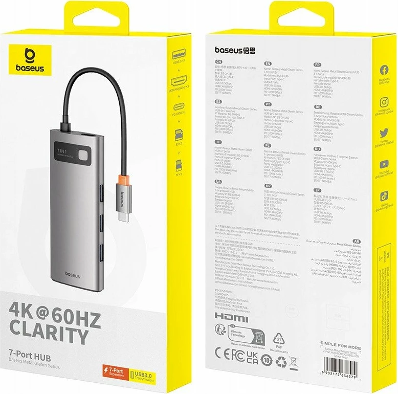Hub USB-C Baseus Metal Gleam 7n1, HDMI 4K@60Hz, 3x USB 3.0, USB-C PD 100W, SD/microSD, gri