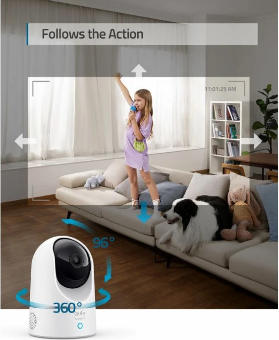 Kamerë e brendshme sigurie Anker Eufy Security T8410322, 2K, 360° pan / 90° tilt, Wi‑Fi 2.4GHz, audio dy‑drejtimëshe, bardhë/zezë