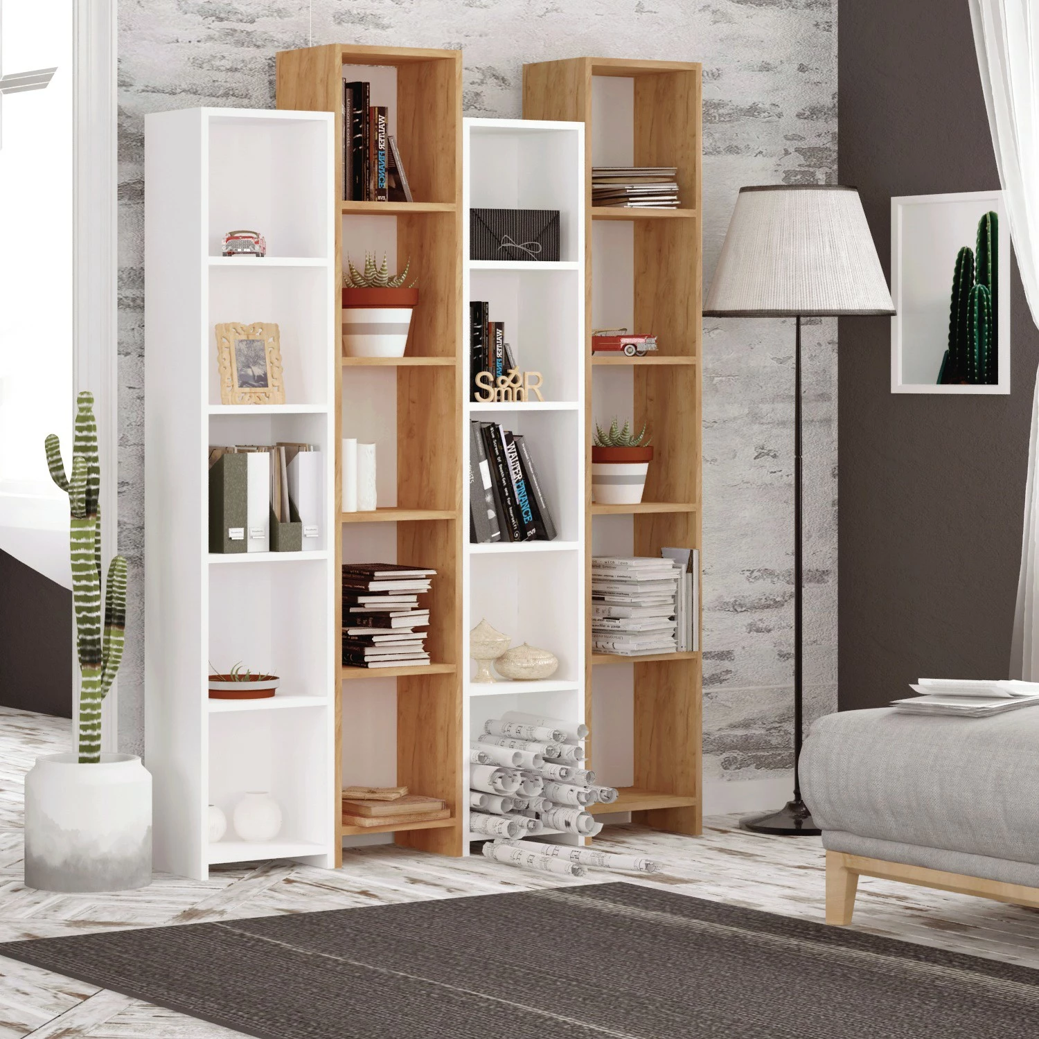 Raft librash Hanah Home, Semm, ngjyrë lis dhe e bardhë, 4 copë